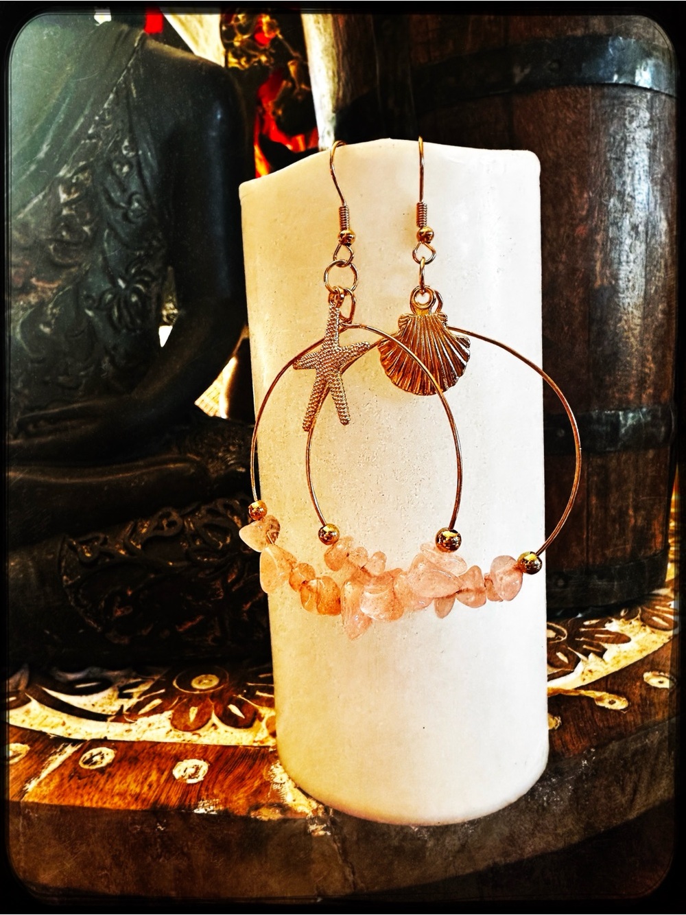 Restock: Summer Gold Beach Hoops: Shell, Starfish & rose quartz chips